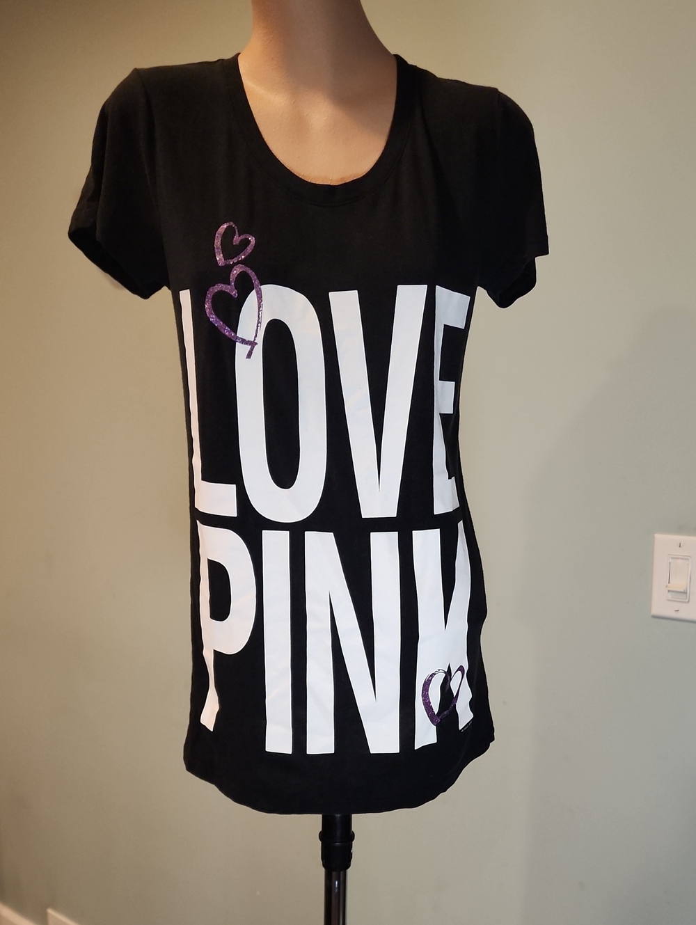 PINK Victoria's Secret Black Tee with White & PURPLE SPARKLE